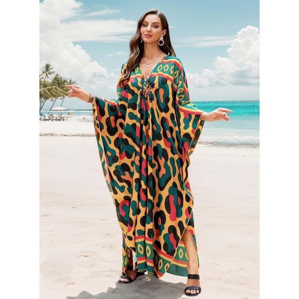 Women Orange & Green V-neck Batwing Sleeve Flowy Split Hem Bohemian Kaftan Dress - Picture 4 of 7